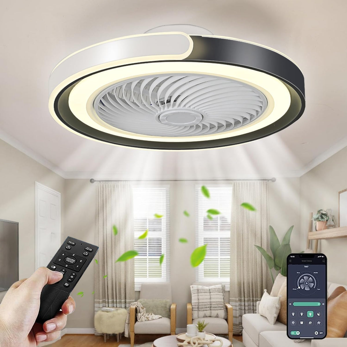 Ventoinha de teto com luz, TYJY, LED, 70W, 2 níveis, 4 níveis, 6 níveis, com iluminação LED, com comando à distância, com temporizador, alumínio