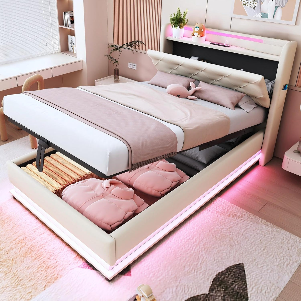 Cama, Ktipm, 90 × 200 cm, com iluminação LED, madeira, tecido, Bege, para o quarto