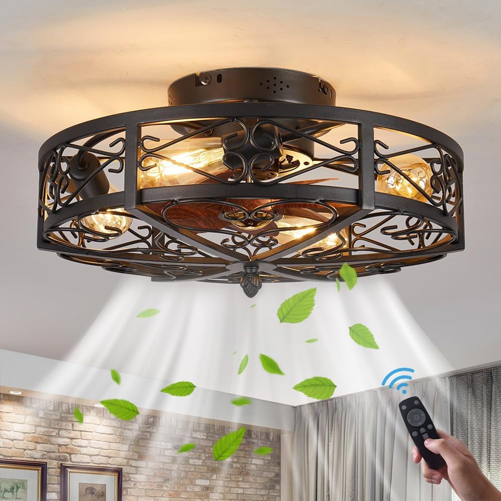 Ventoinha de teto com luz, TRUYOK, 60W, com comando à distância, Preto / Castanho, para uso diário