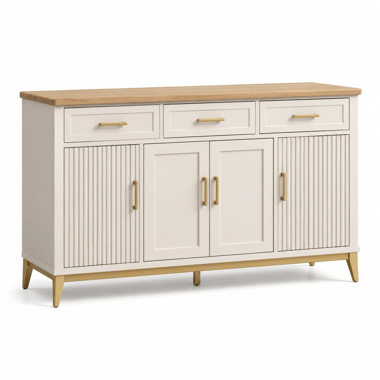 Aparador de MDF y Madera Maciza Beige con Acabado Dorado 150x40x85 cm
