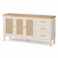 Aparador de madera maciza y ratán con 3 puertas y 3 cajones blanco y natural 150x40x85 cm