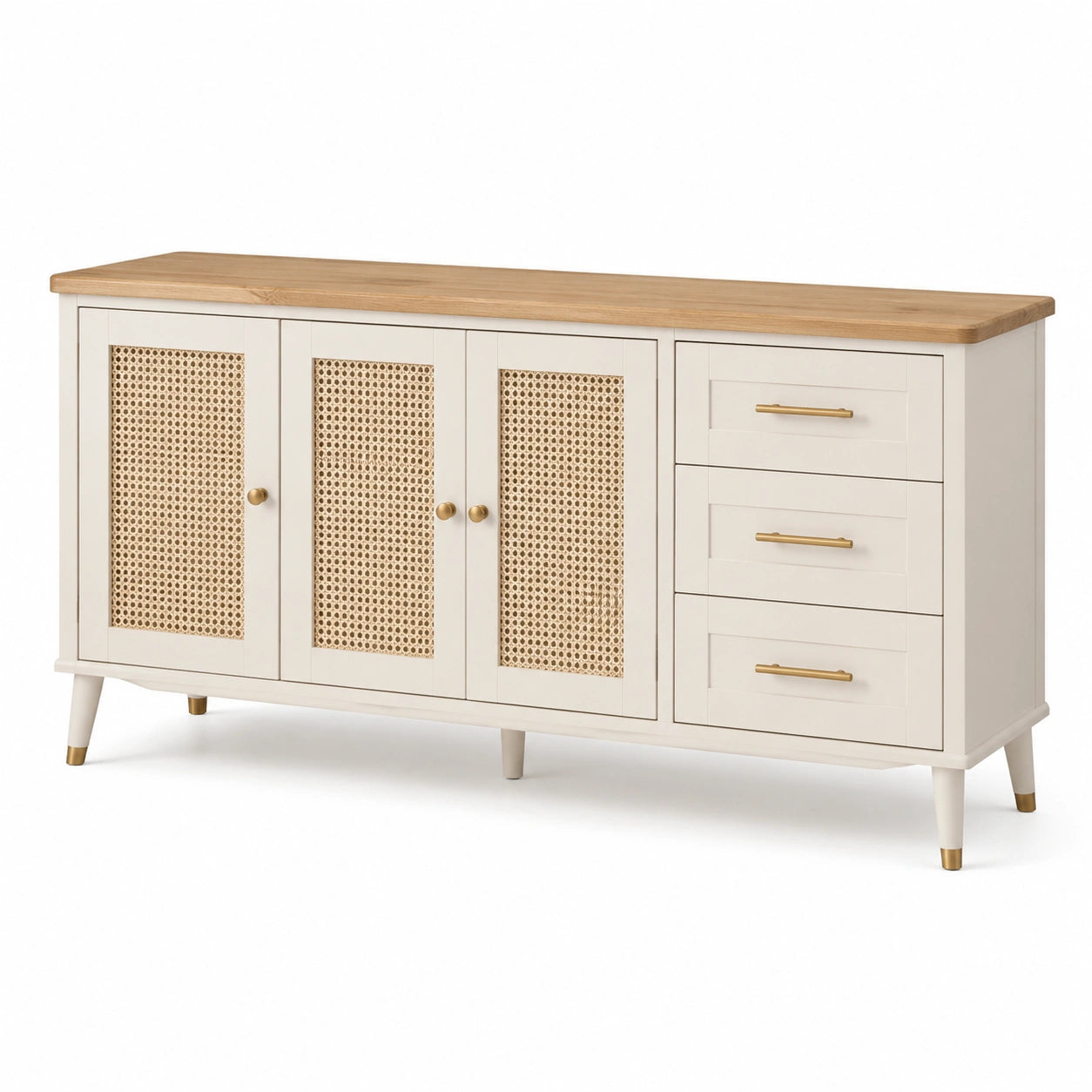 Aparador de madera maciza y ratán con 3 puertas y 3 cajones blanco y natural 150x40x85 cm