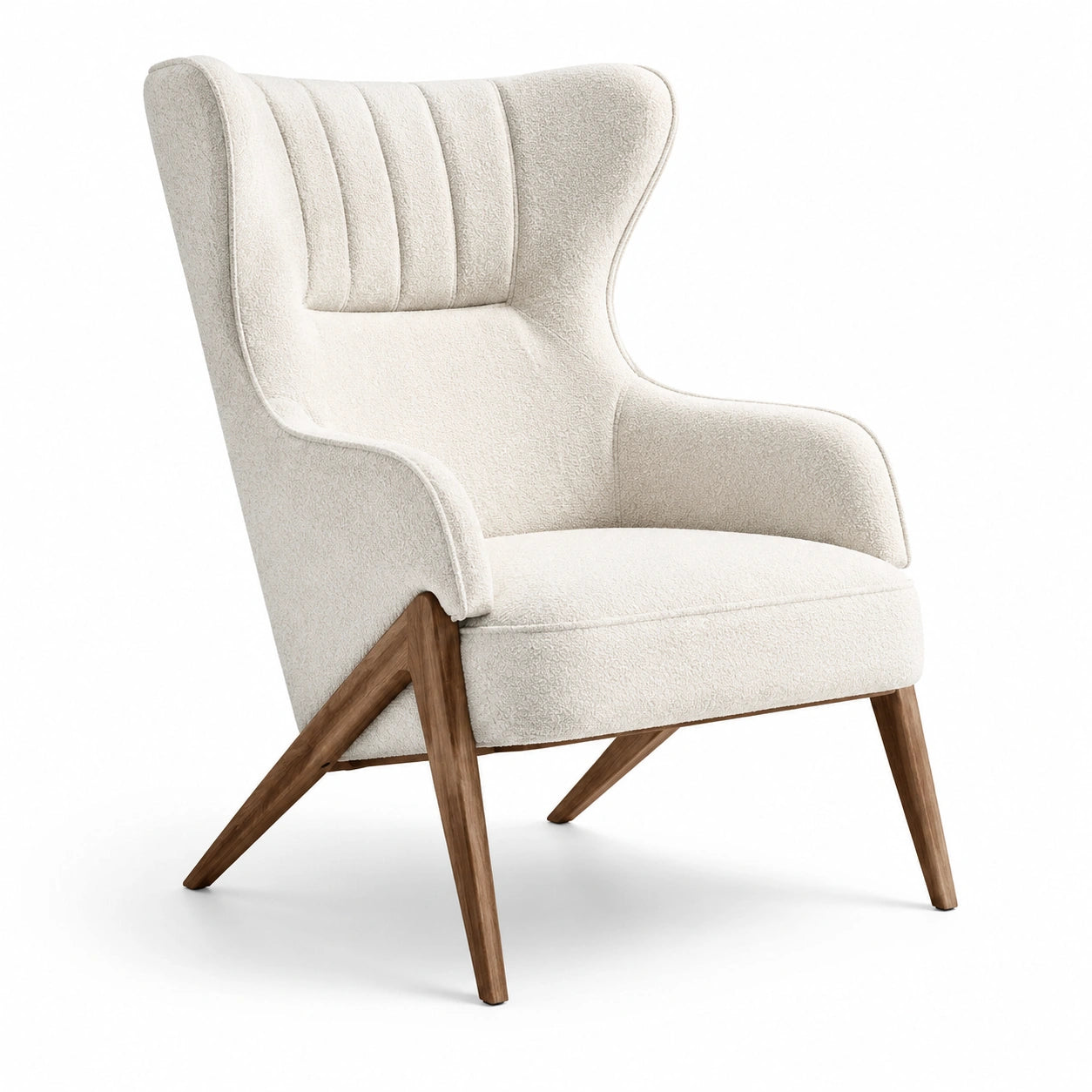 Sillón orejero de tela de poliéster crema con patas de madera