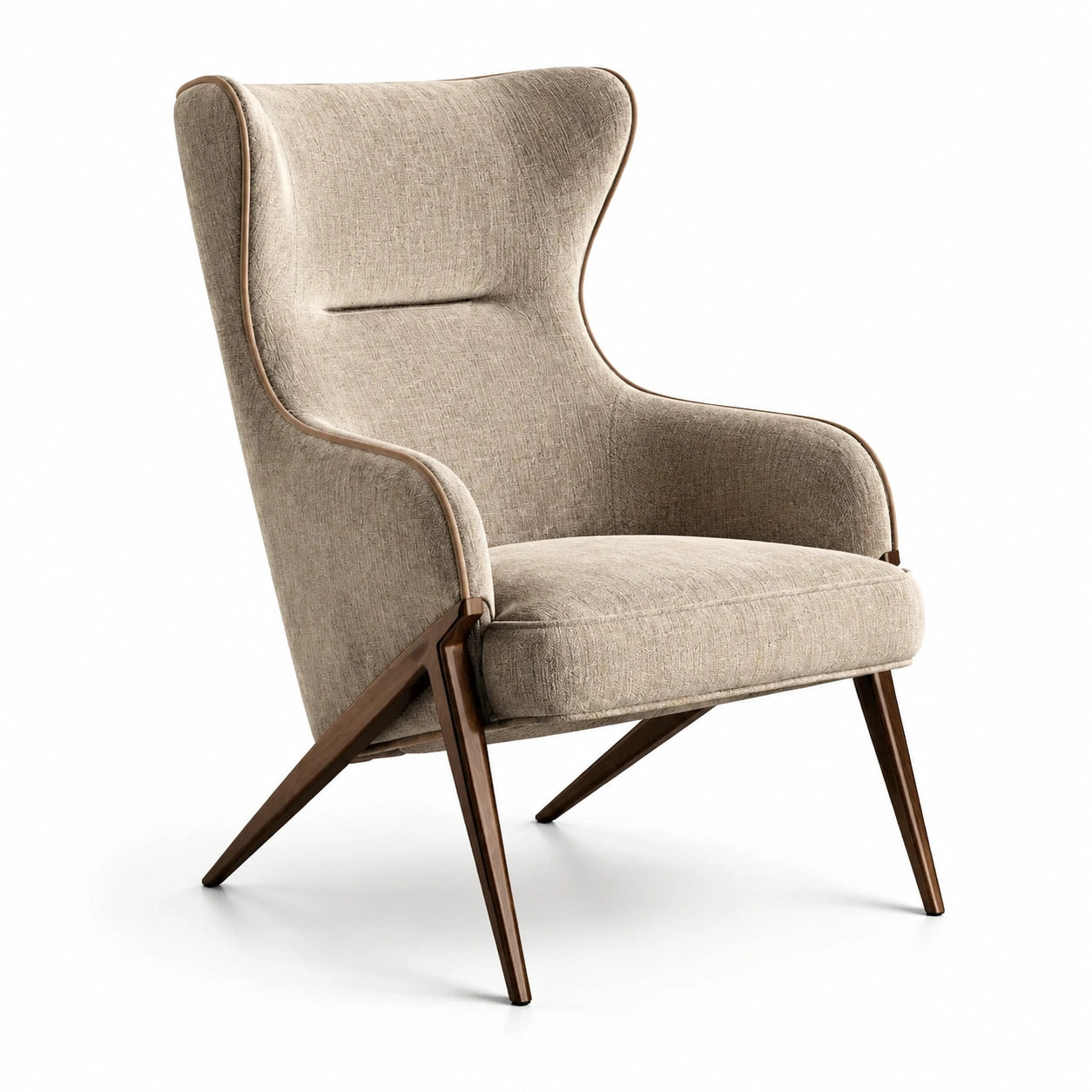 Sillón de tela poliéster beige con patas de madera