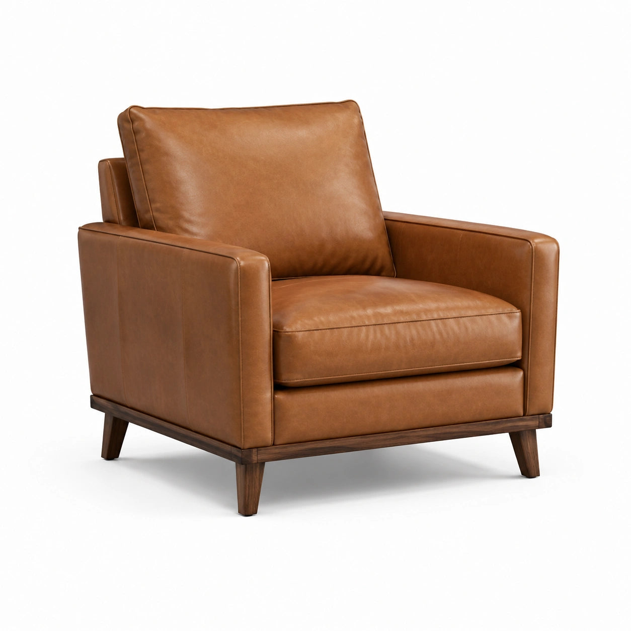 Sillón de cuero genuino marrón con estructura de madera