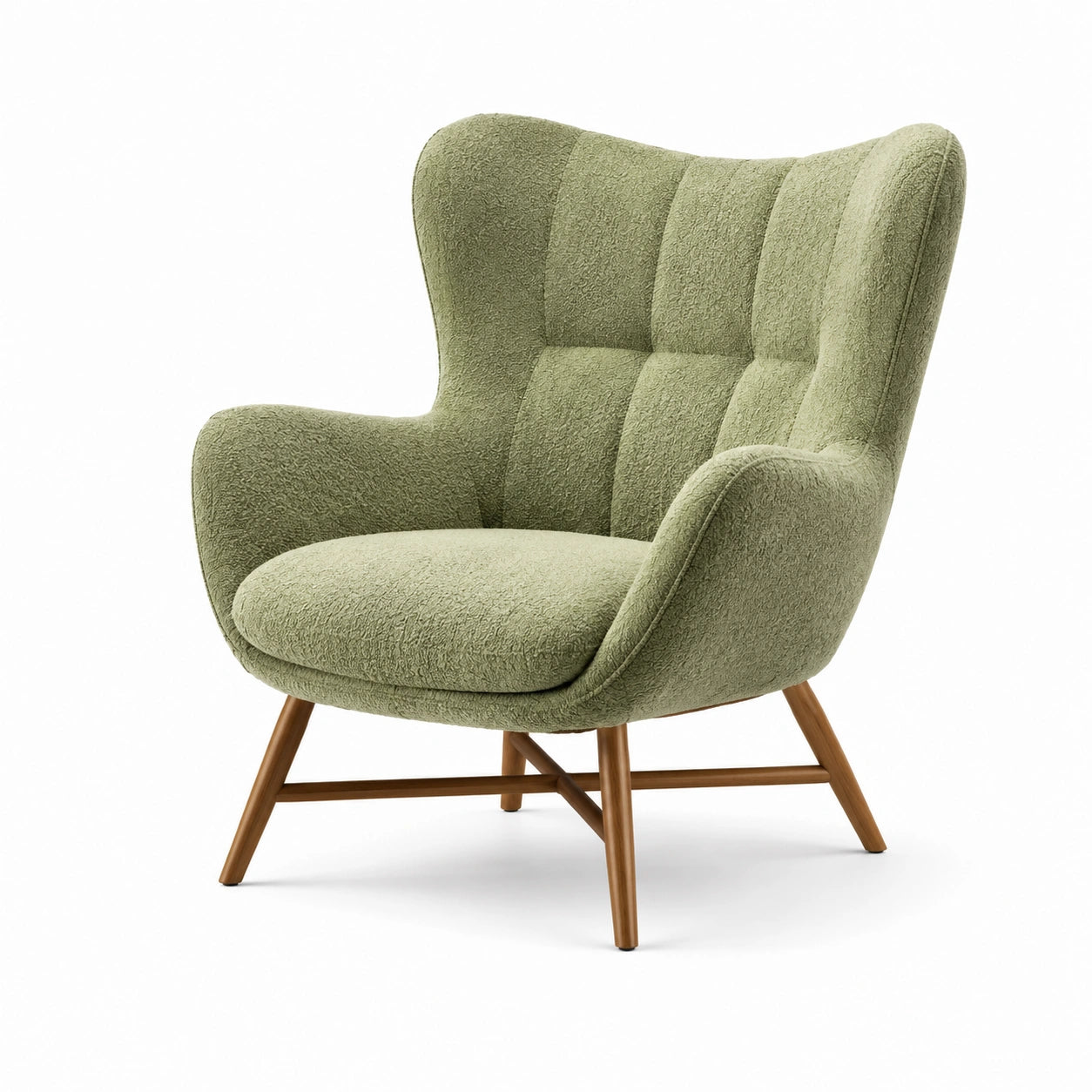 Sillón orejero de tela bouclé verde con patas de madera 100x85x80 cm