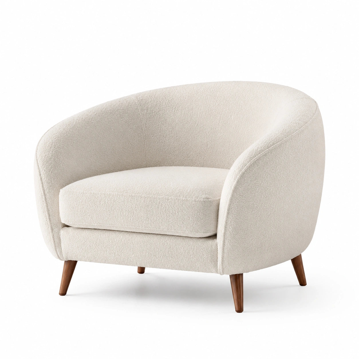 Sillón de tela bouclé beige con patas de madera