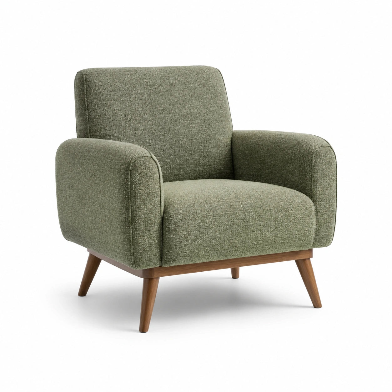 Sillón de tela verde oliva con estructura de madera