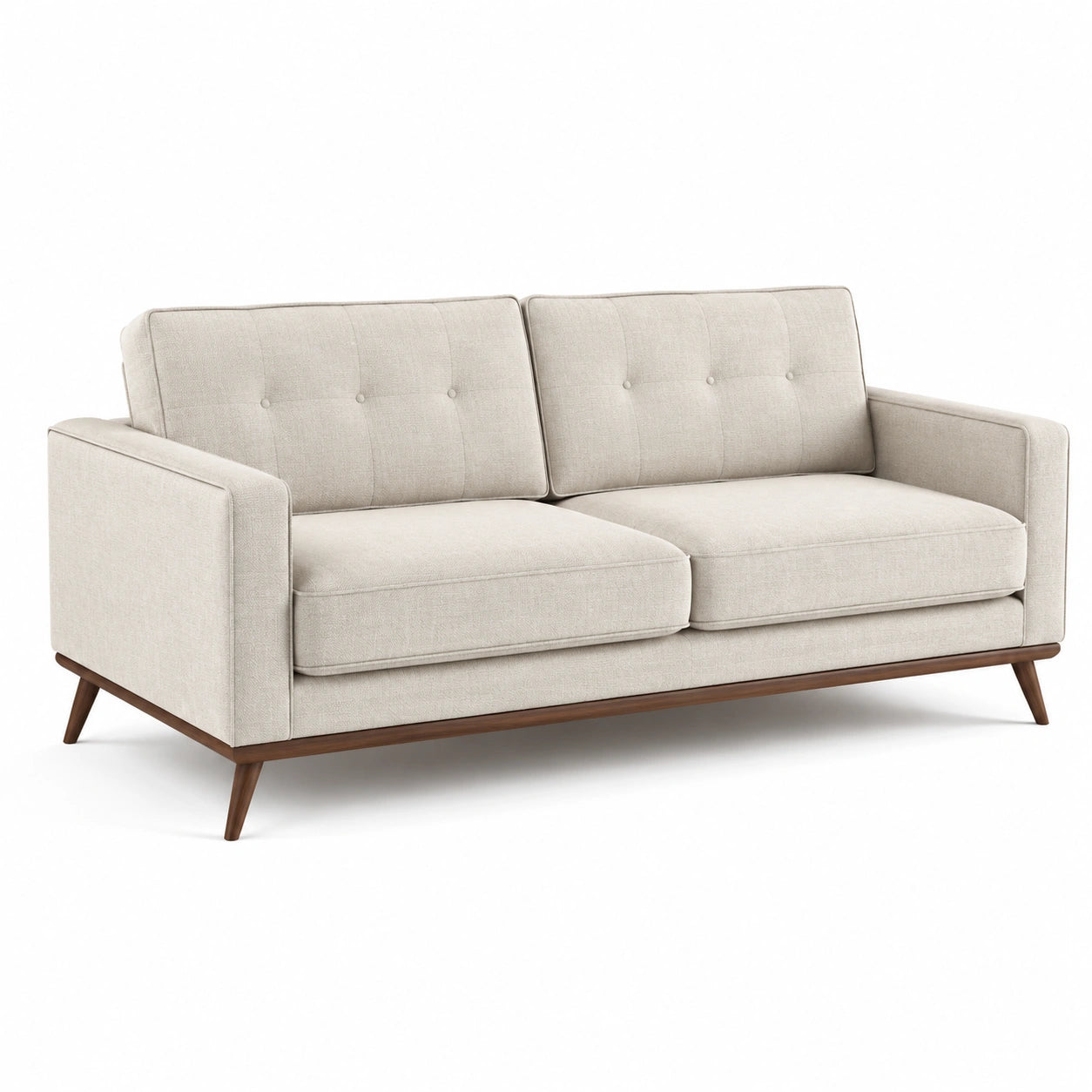 Sofá de dos plazas de poliéster beige con patas de madera
