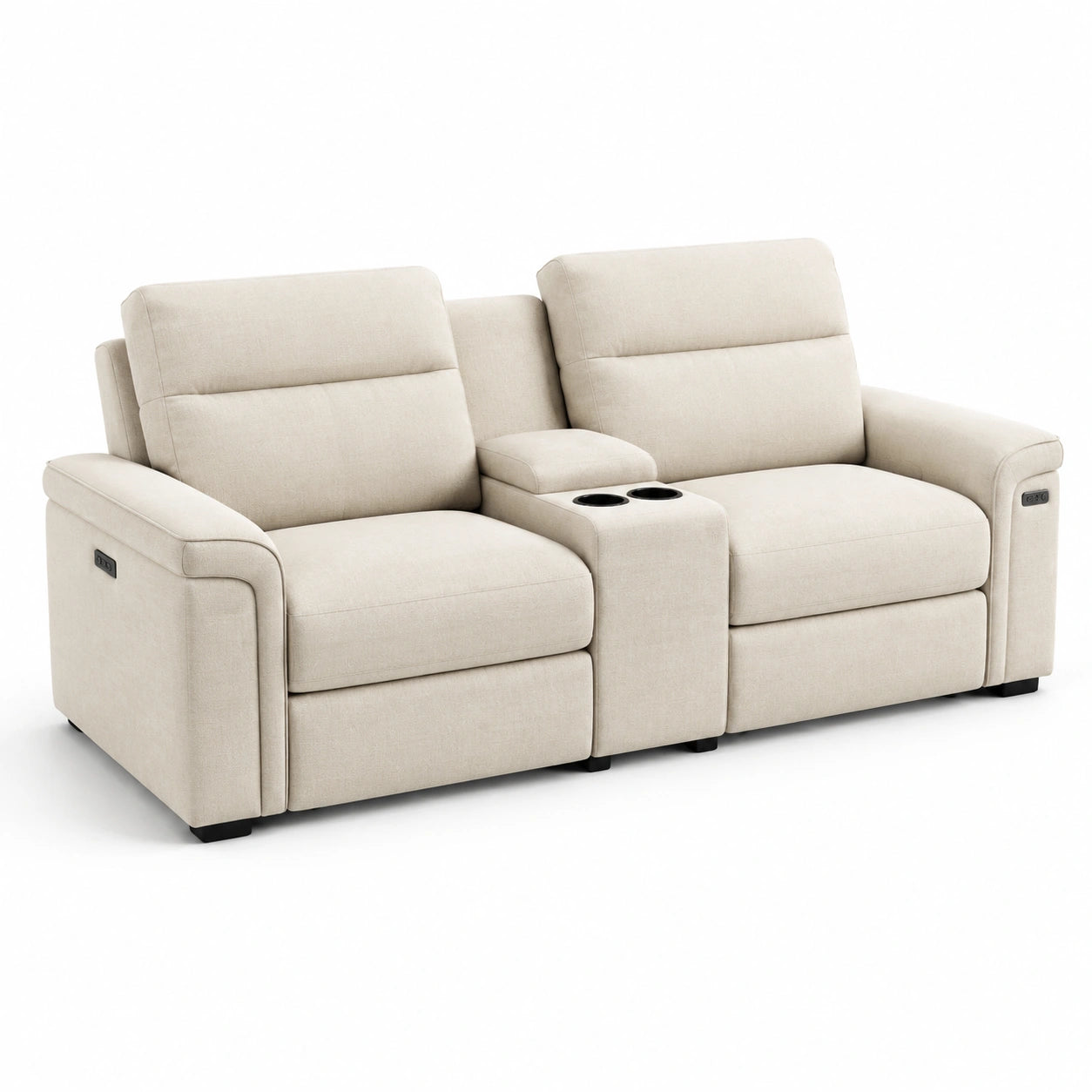 Sofá reclinable de dos plazas con portavasos de tela beige