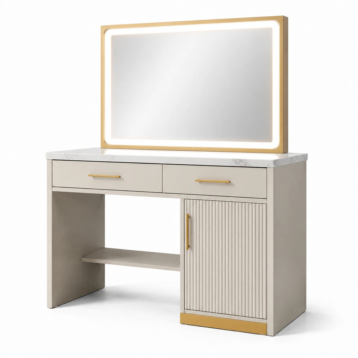 Tocador de melamina con espejo LED y detalles dorados, 150x50x140 cm