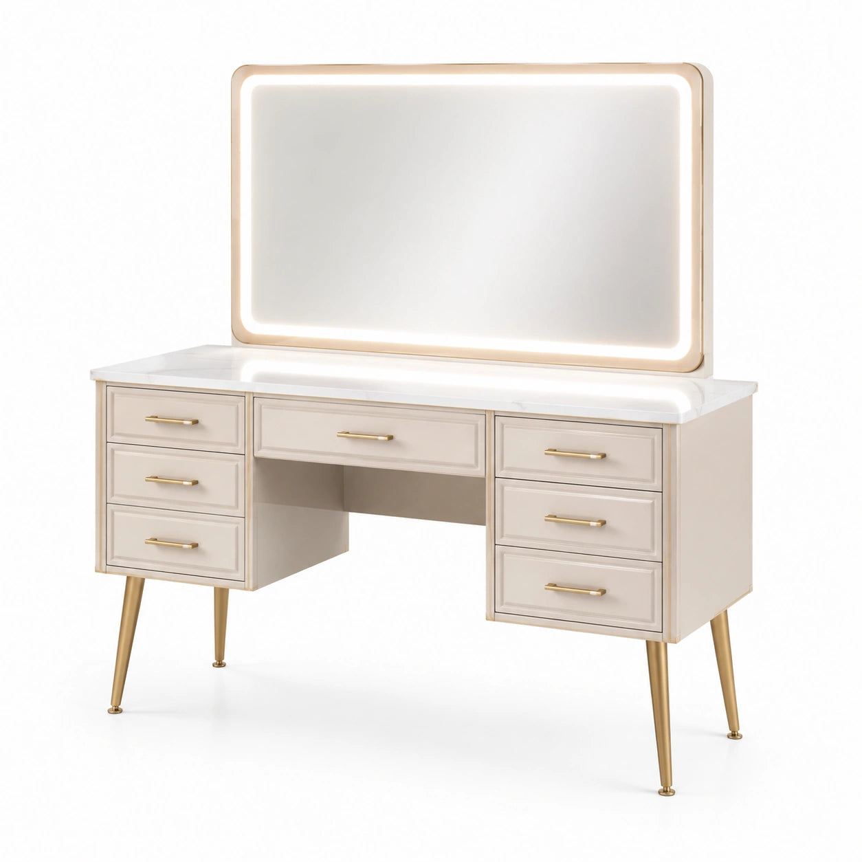 Tocador de madera y metal con espejo LED y cajones beige 150x50x140 cm