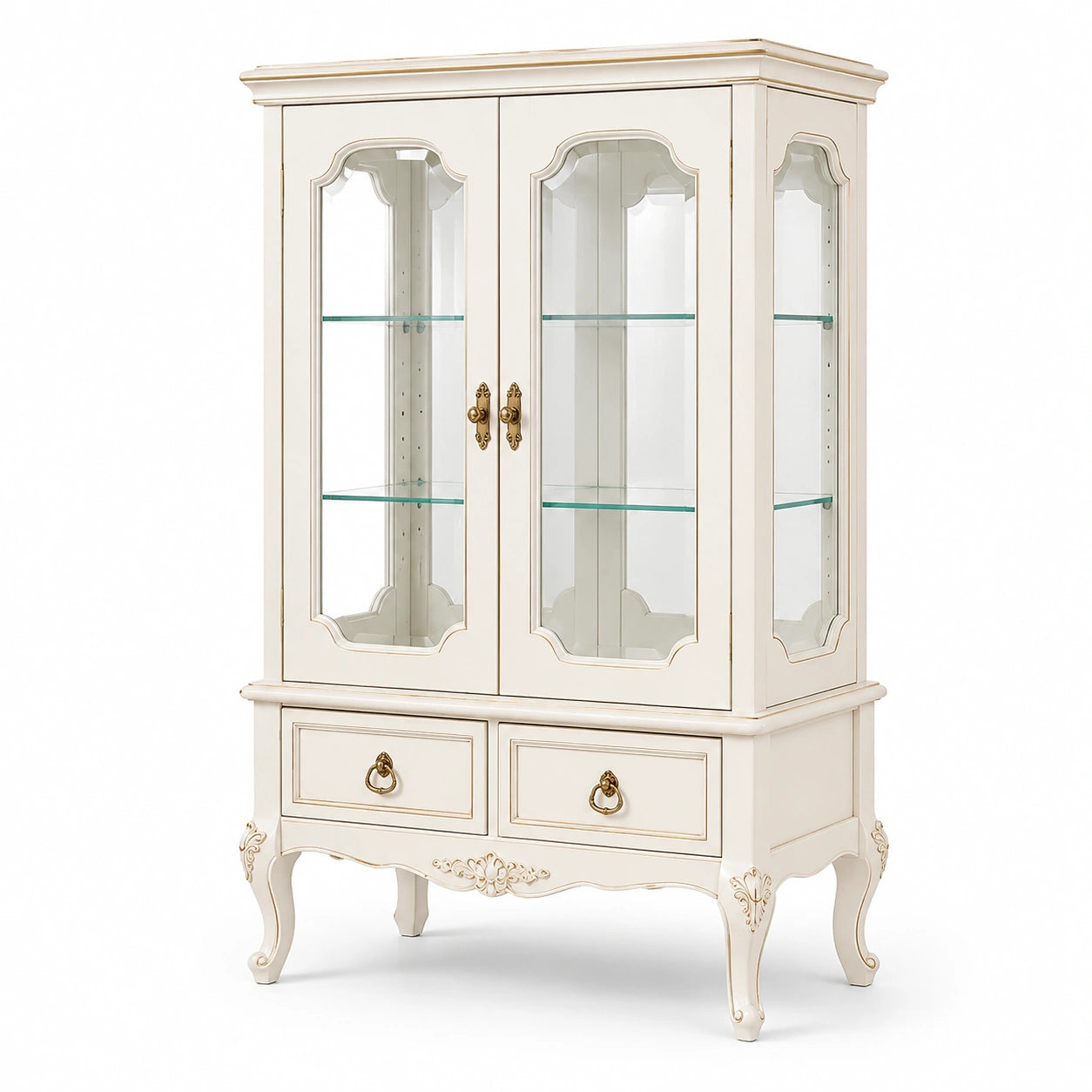 Vitrina de Madera Blanca con Puertas de Vidrio y 2 Cajones