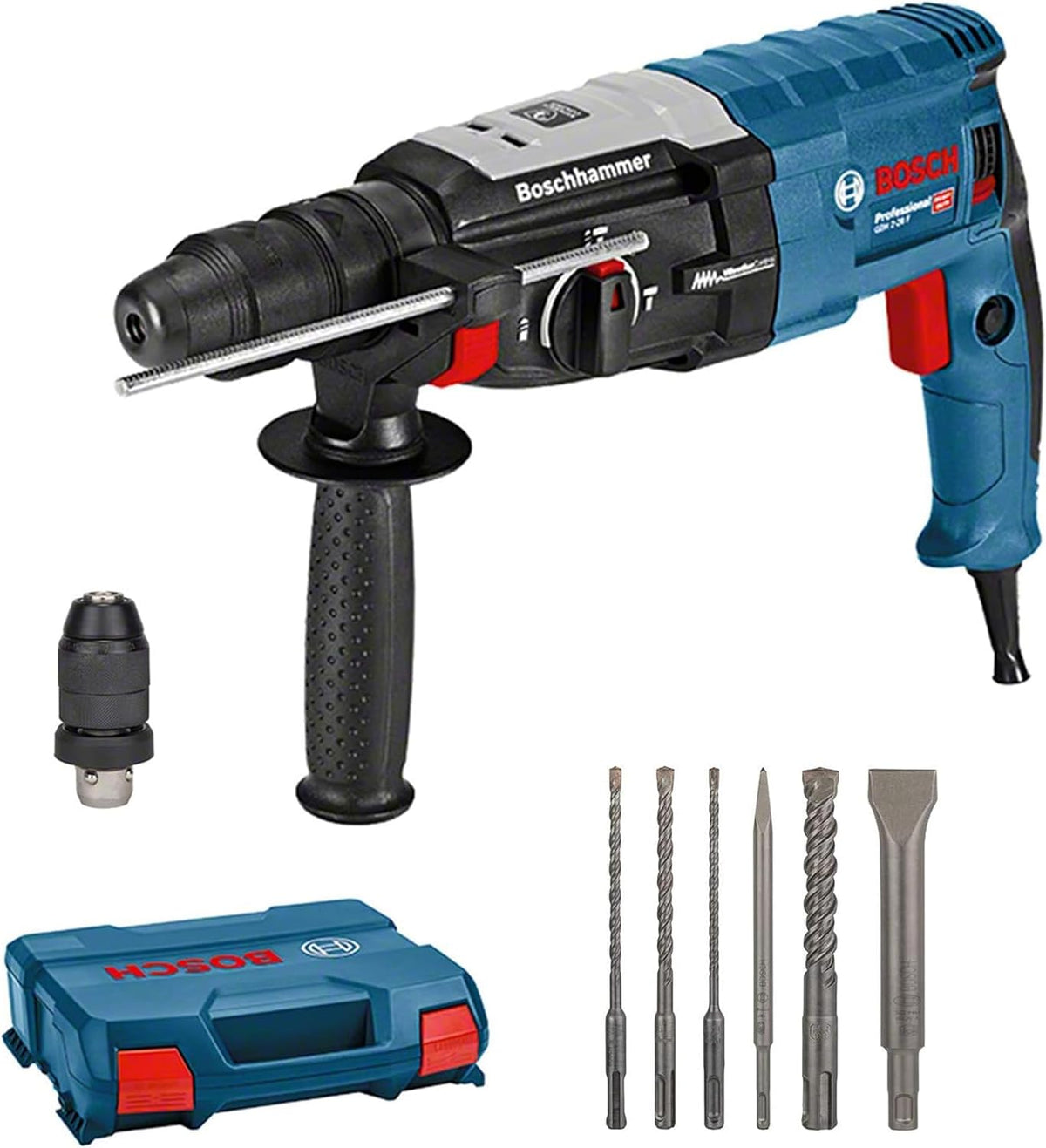 Martelo perfurador, Bosch Professional, Bohrhammer, 18V, 880 W, 650 W, 800 W, 900 W, aço, madeira, Azul / Preto / Vermelho
