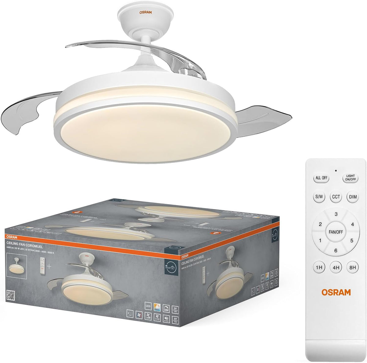 Ventoinha de teto com luz, Osram, LED-Deckenventilator, 60W, classe energética E, dobrável, com comando à distância, com temporizador, para uso diário