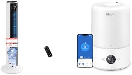 Ventoinha de torre, Levoit, 20dB, 26W, 3L, 5L, com comando à distância, Branco / Preto, para uso diário