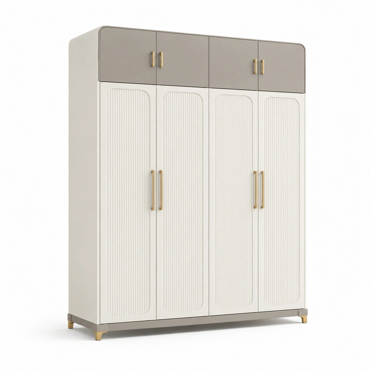 Armario de madera con puertas blancas y compartimentos superiores grises