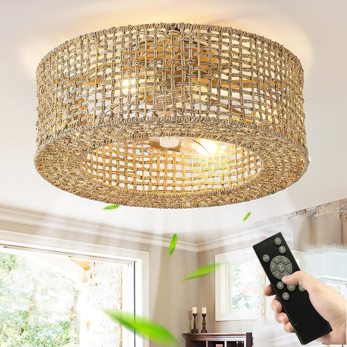 Ventoinha de teto com luz, HUYOY, com comando à distância, com temporizador, ratã, Bege, para uso diário