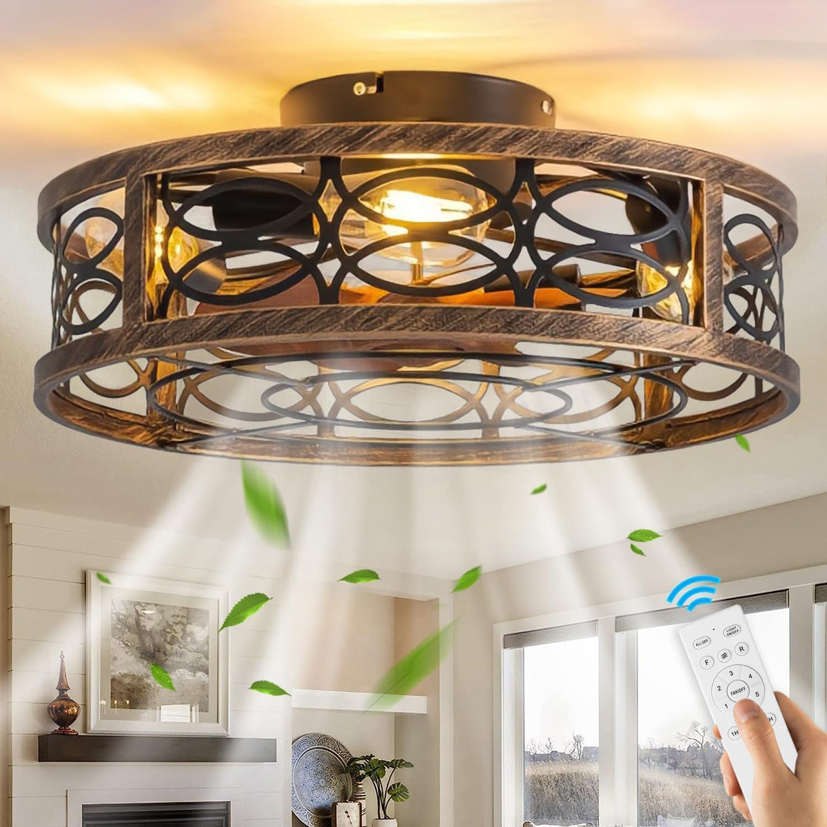 Ventoinha de teto com luz, KZT, Deckenventilator, 60W, 6 níveis, com comando à distância, com temporizador, metal, Preto / Castanho, para uso diário