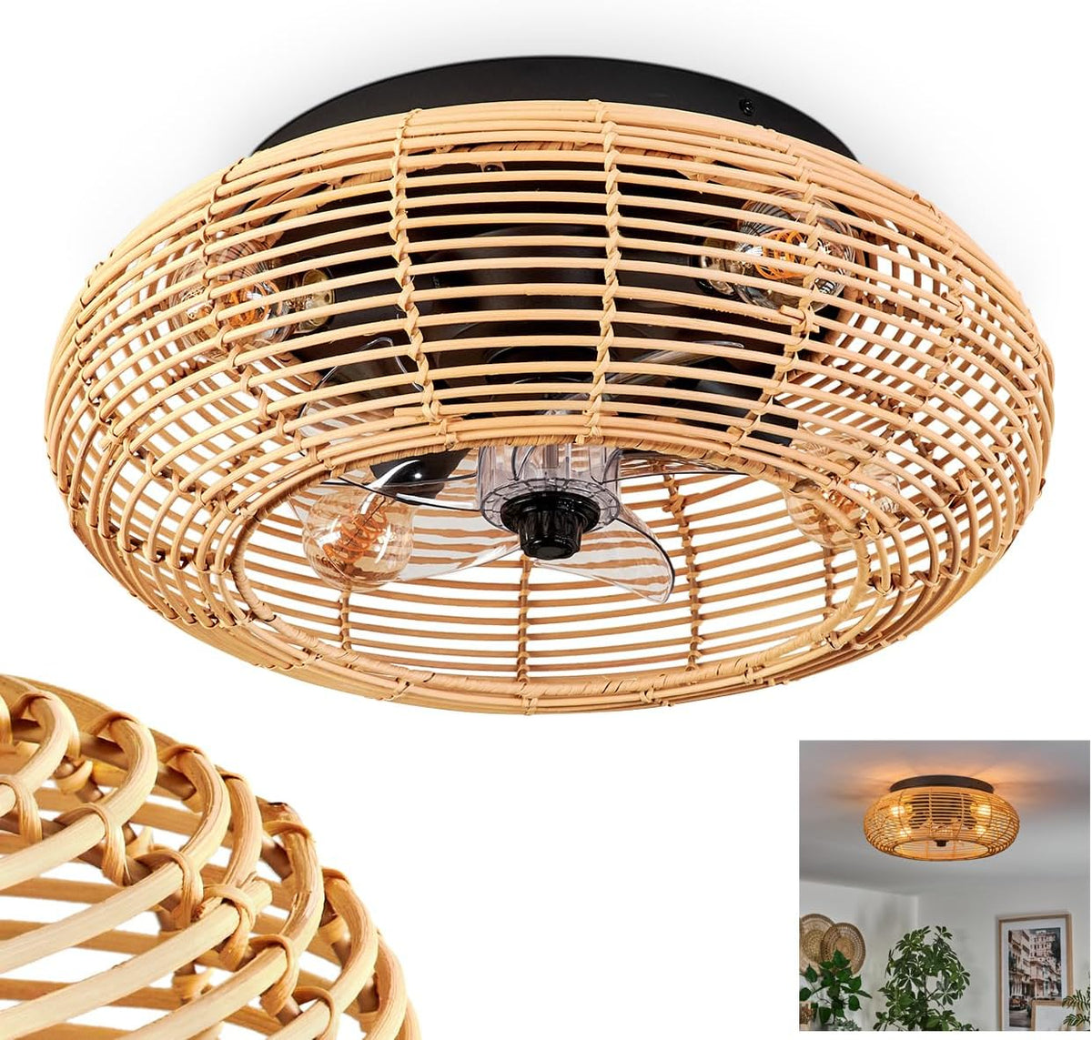 Ventoinha de teto com luz, HOFSTEIN, Deckenventilator, 50cm, 3 níveis, com comando à distância, metal, Preto / Natural, para uso diário