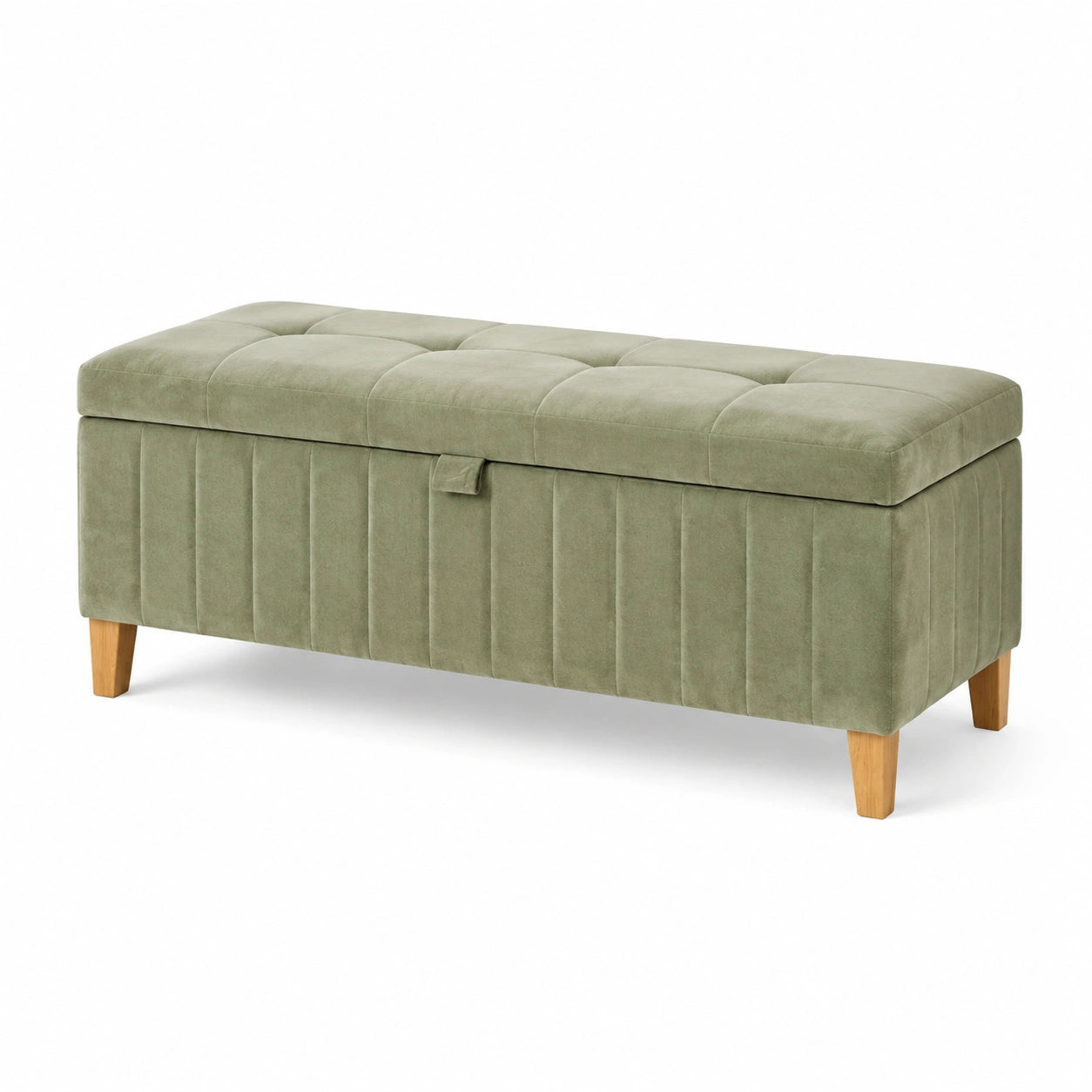 Banco de terciopelo verde oliva con patas de madera