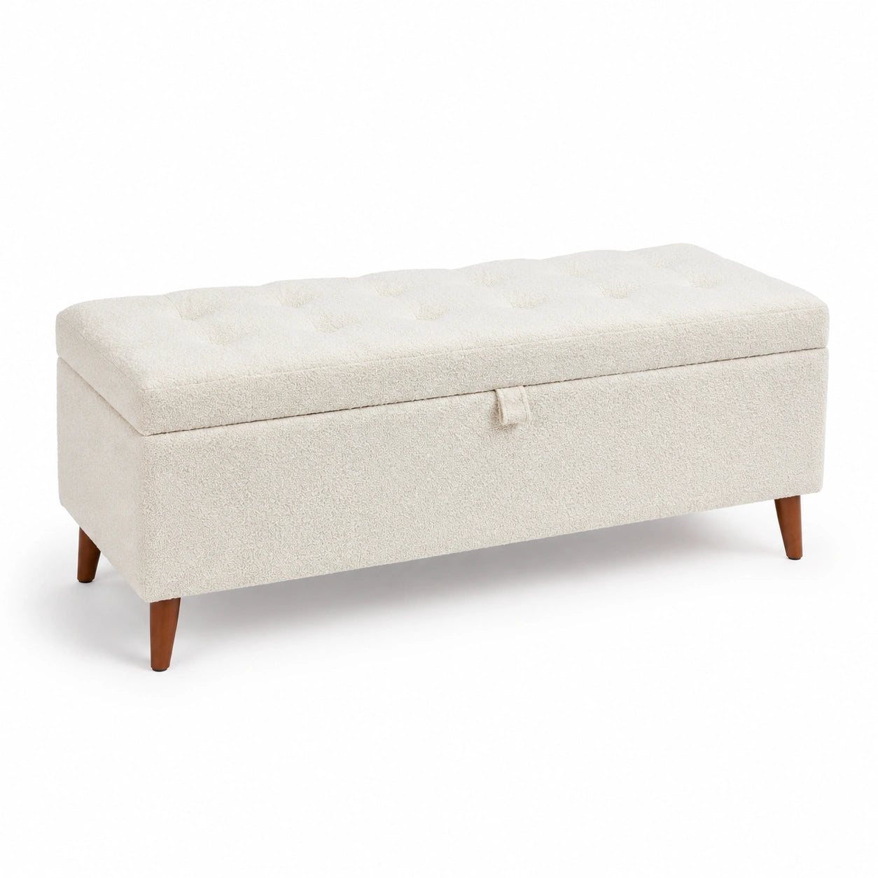 Banco de almacenamiento de tejido bouclé beige con patas de madera