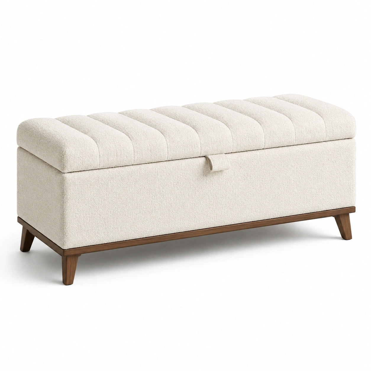 Banco de almacenamiento beige con patas de madera