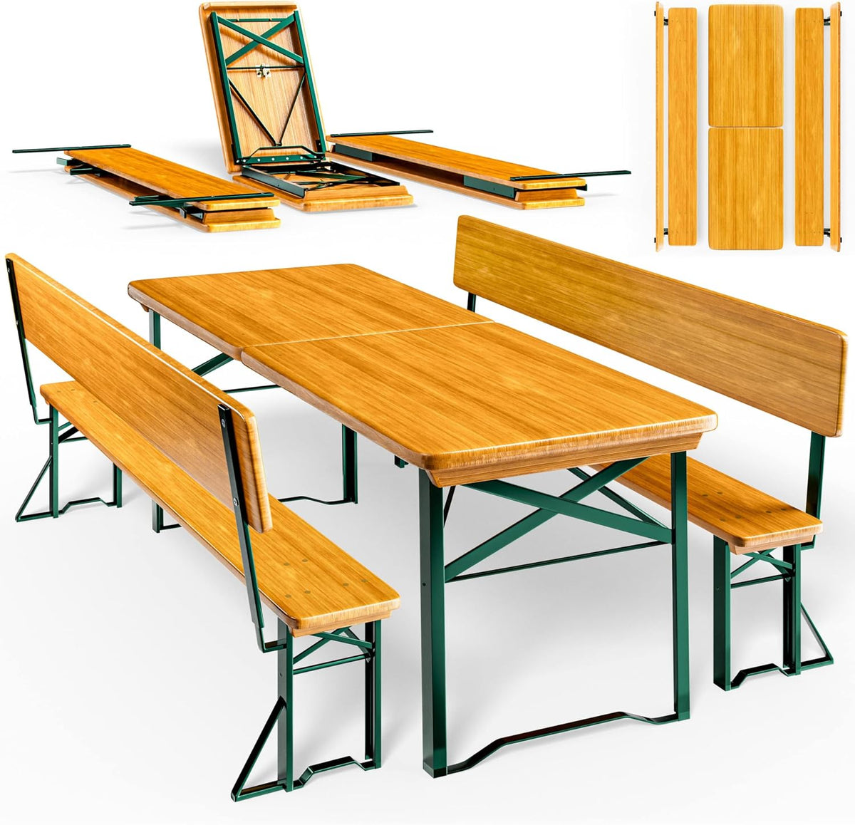 Conjunto de mobiliário de jardim, Casaria, Bierzeltgarnitur, 170 cm, dobrável, aço, madeira, Holz / Verde, para utilização no exterior