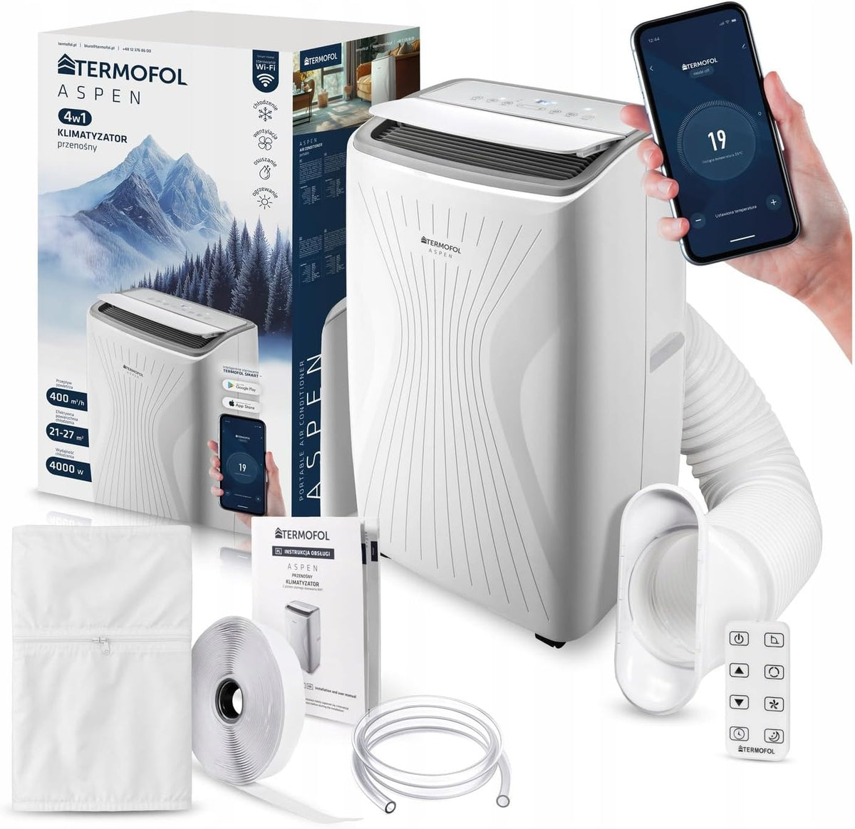 Ar condicionado portátil, Termofol, Mobile, 4000W, com controlo por aplicação, com rodas, Branco, para uso diário