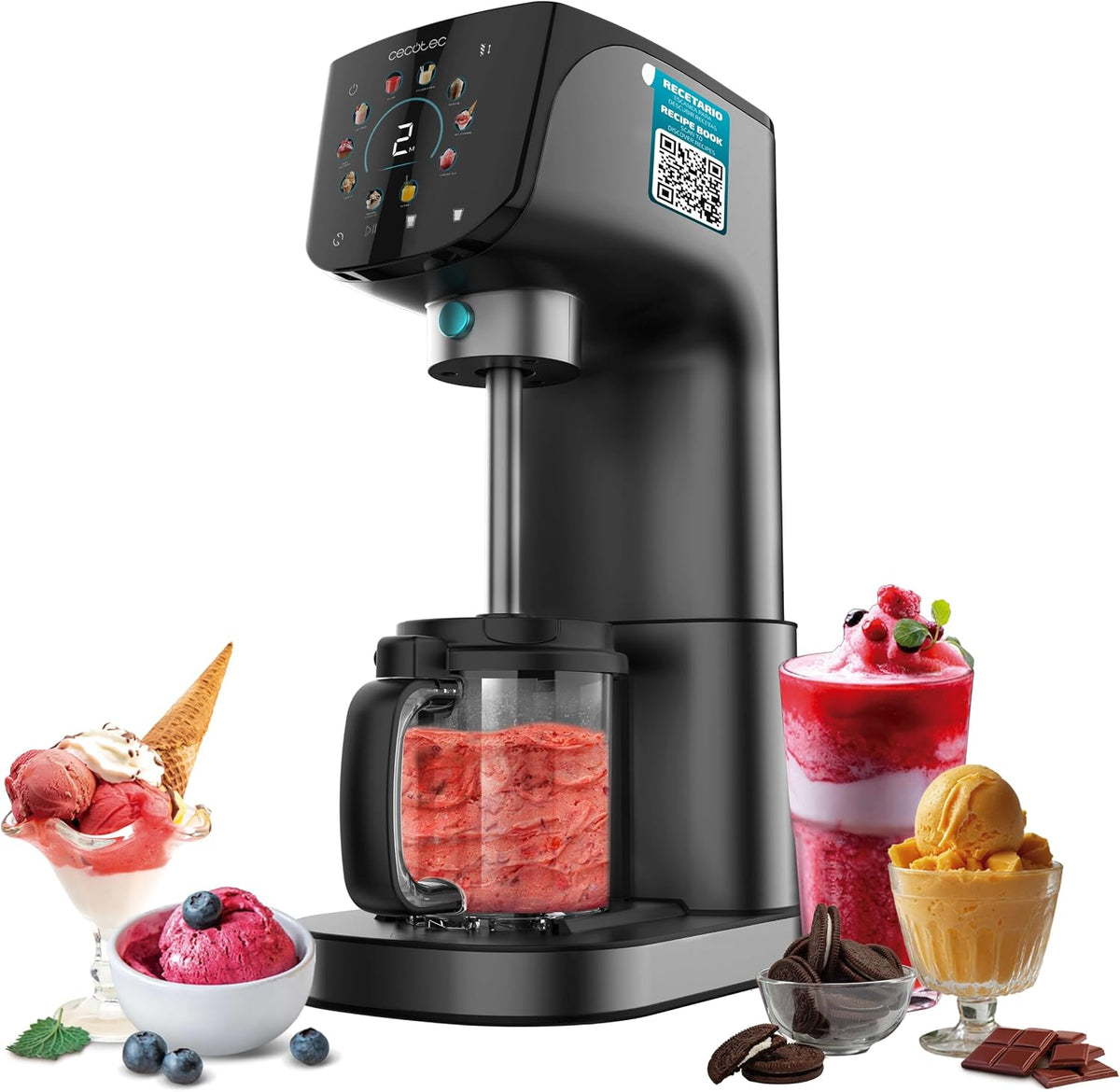 Máquina de gelados, Cecotec, Gelatec, 500 W, 2,1 l, 11 programas, Preto, para uso diário