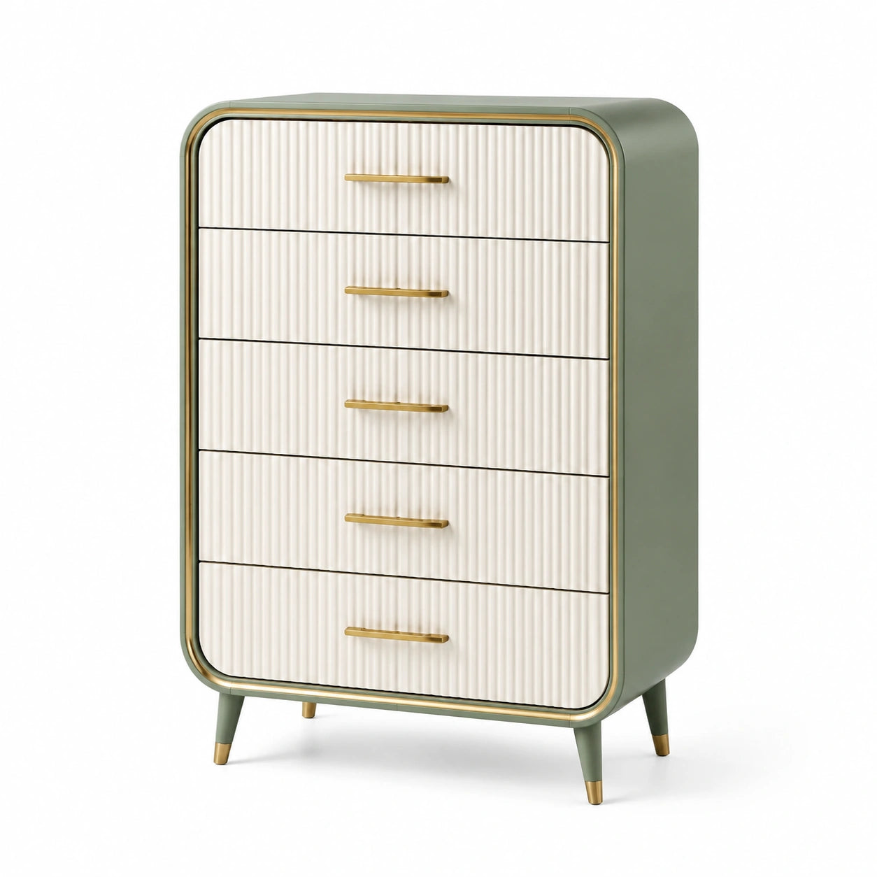 Cajonera alta de madera y metal verde y beige con 5 cajones