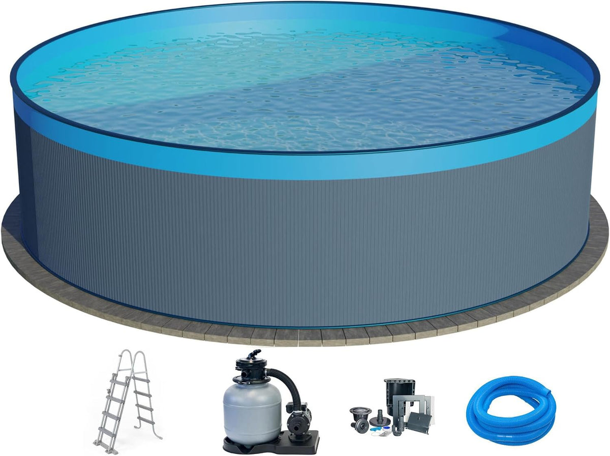 Piscina com estrutura metálica, Planet Pool, Stahlwandpool, 450 × 120 cm, 120 cm, 150 cm, 450 × 450 × 120 cm, aço, plástico, Antracite / Azul