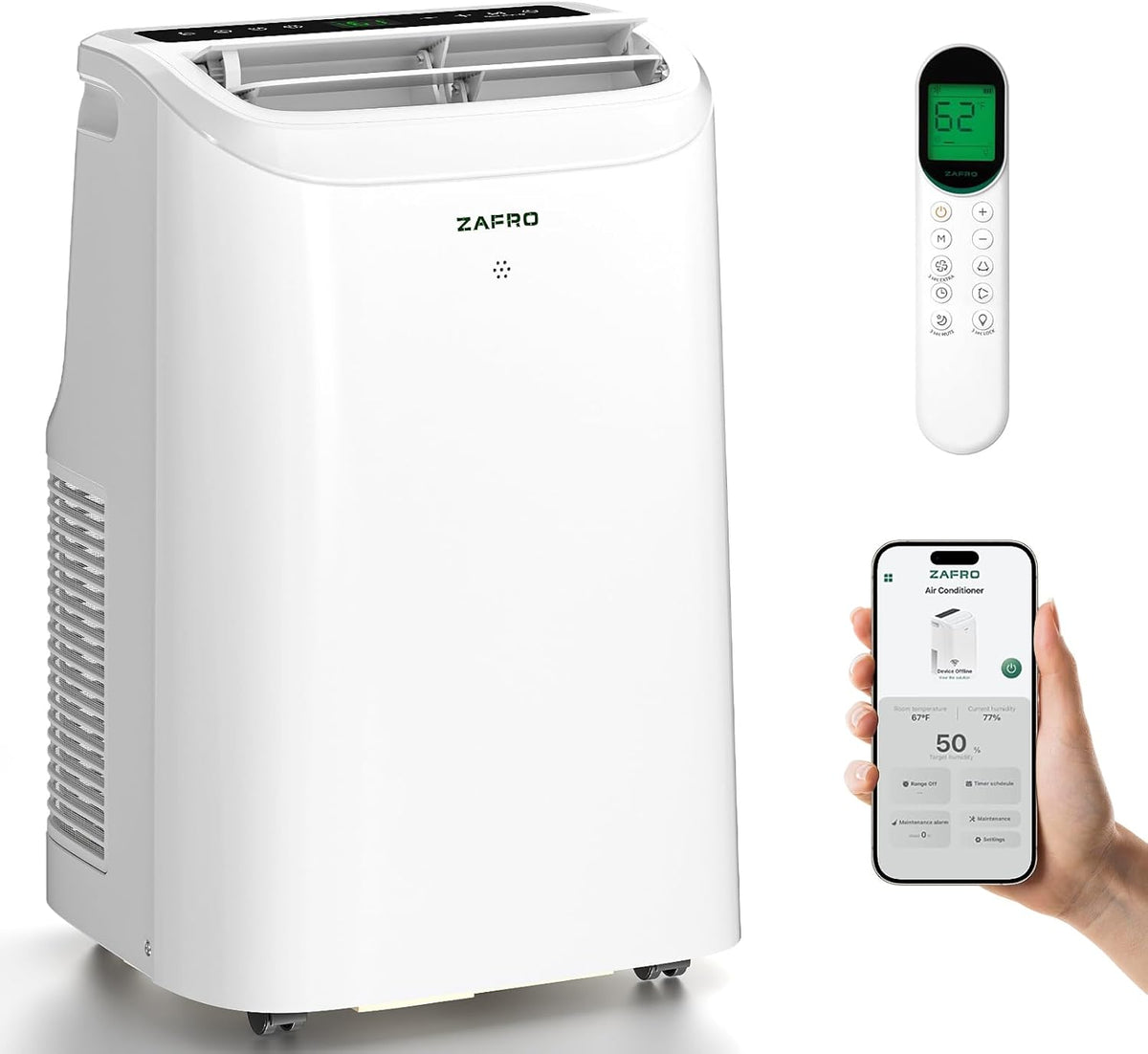 Ar condicionado portátil, ZAFRO, 47 dB, com comando à distância, com temporizador, Branco, para uso diário