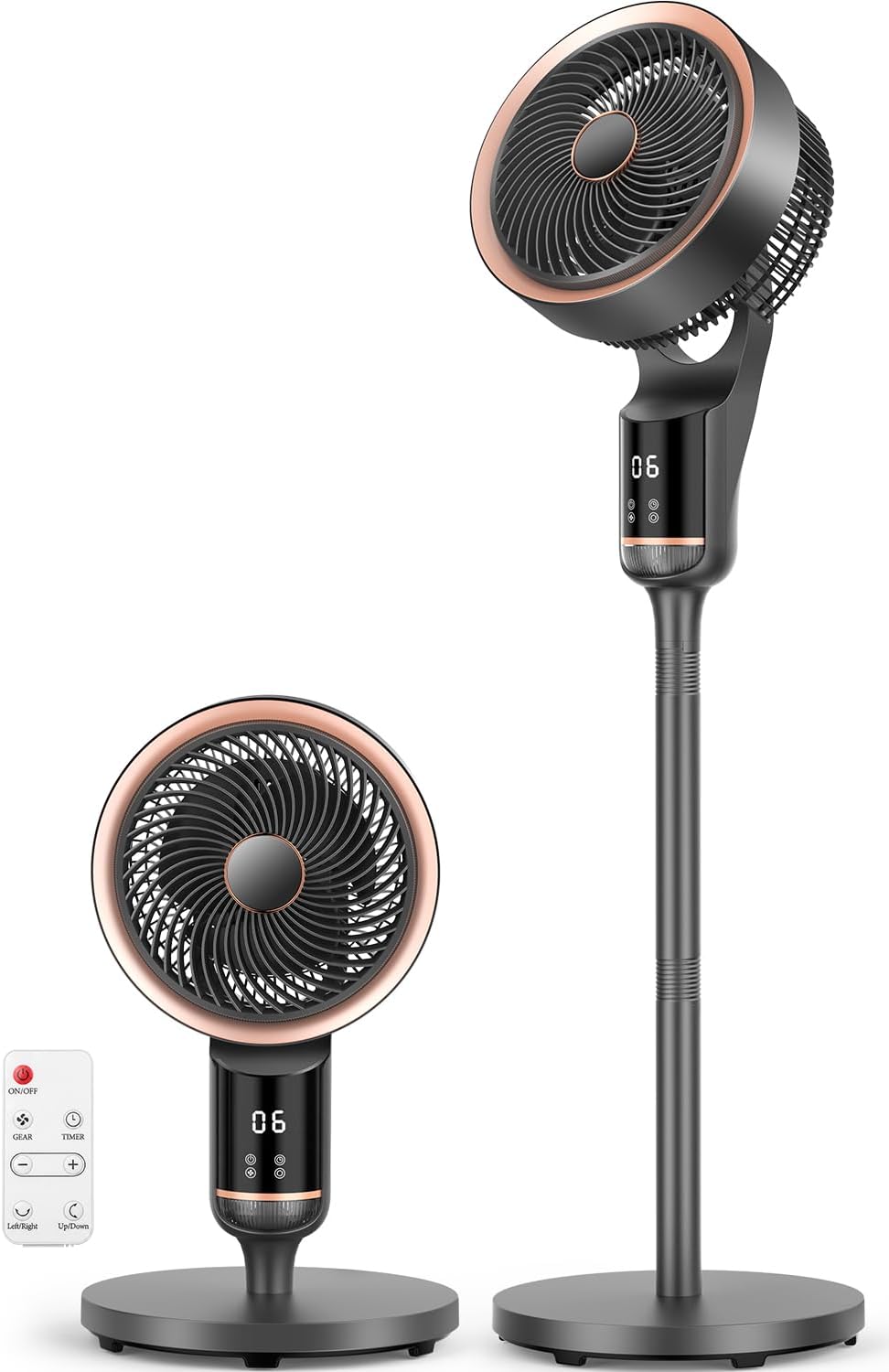 Ventoinha de pé, Namouk, 25 dB, com iluminação LED, com comando à distância, com temporizador, Preto / RoséDourado, para uso diário