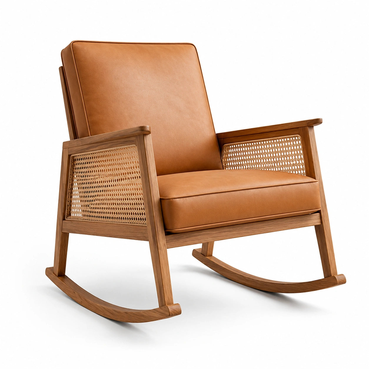 Silla mecedora de madera con cuero sintético marrón claro