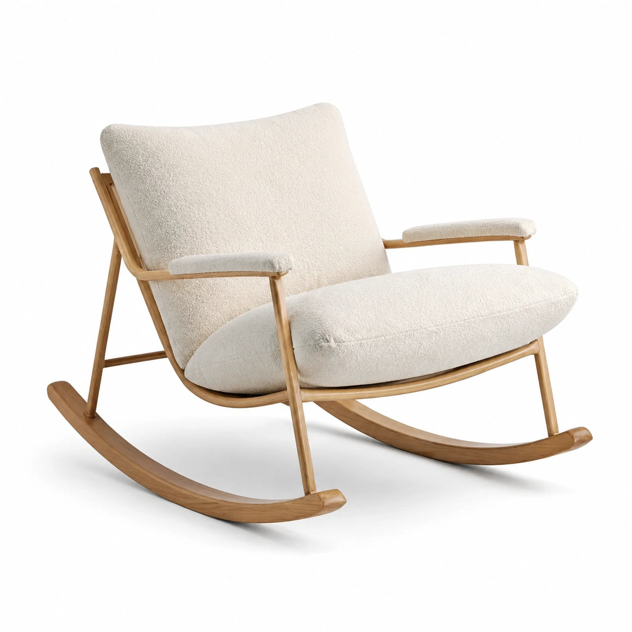 Mecedora de madera con tapizado de tela bouclé beige