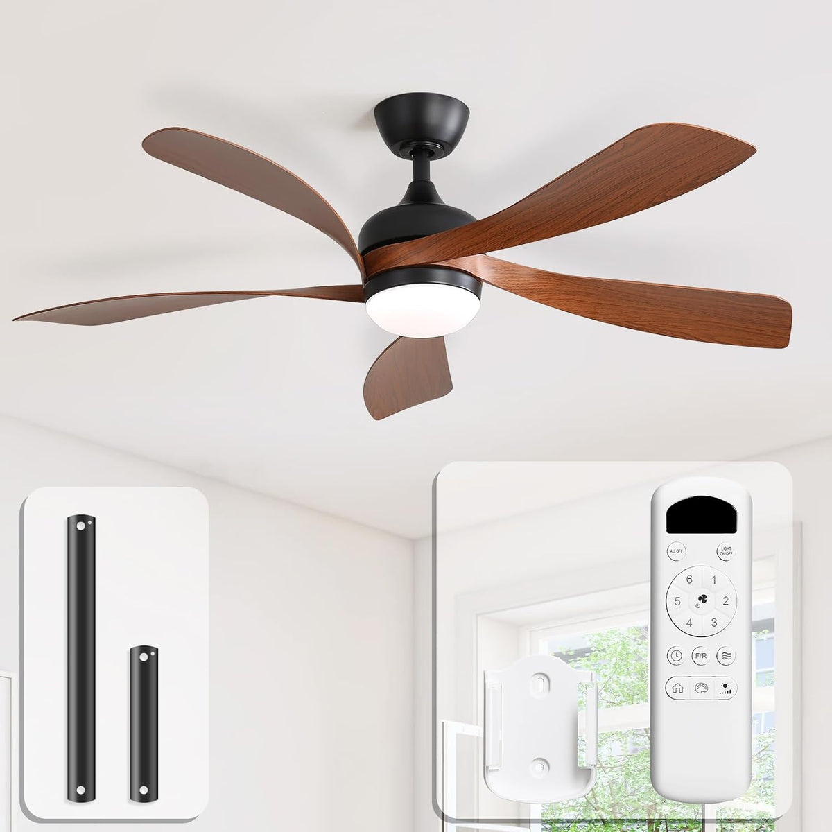 Ventoinha de teto com luz, Sofucor, Deckenventilator, 132 cm, 12,5cm, 25cm, 52 ', com comando à distância, com temporizador, aço, madeira