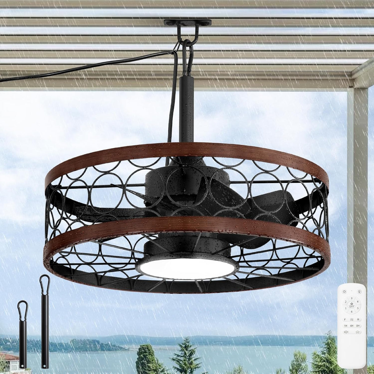 Ventoinha de teto com luz, HUYOY, IP65, 20 cm, 30 cm, 500 cm, 6 níveis, resistente à água, com comando à distância, com temporizador, Preto / Castanho