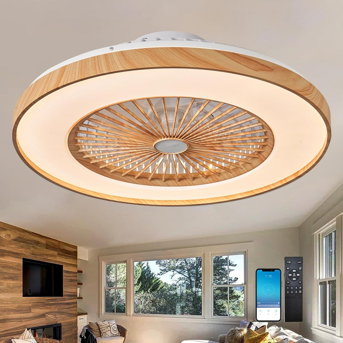 Ventoinha de teto com luz, Fachae, 60cm, 50cm, 35 dB, com comando à distância, com controlo por aplicação, Holz / Branco, para uso diário