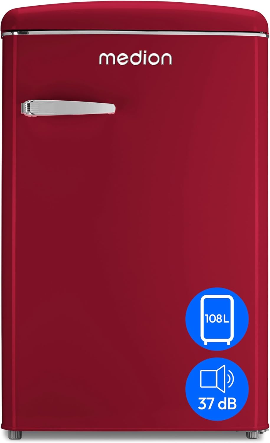 Frigorífico combinado, MEDION, Retro, 95L, 13L, 108 L, 37 dB, altura regulável, regulável, metal, Vermelho, para uso diário