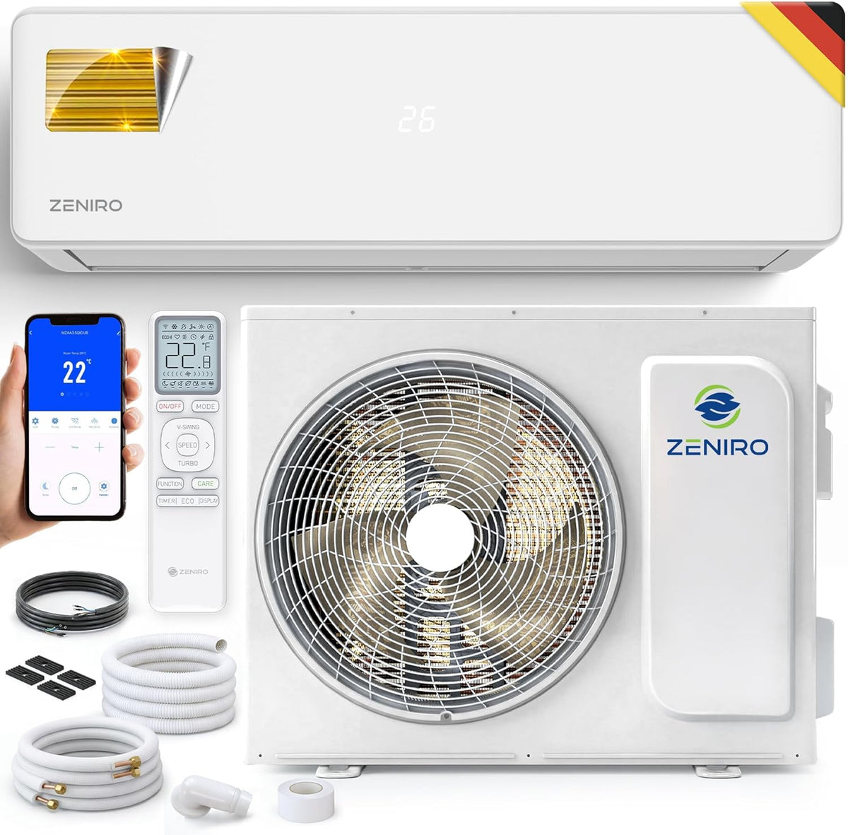 Ar condicionado split, Zeniro, 3,5kW, com comando à distância, com função de autolimpeza, com controlo por aplicação, Branco, para uso diário