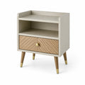 Mesita de noche MDF Beige con Cajón y Patas de Madera y Metal