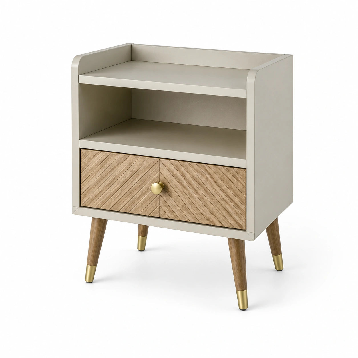 Mesita de noche MDF Beige con Cajón y Patas de Madera y Metal