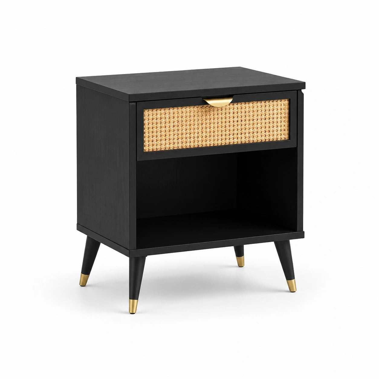 Mesa de noche de madera negra con cajón de ratán y patas doradas