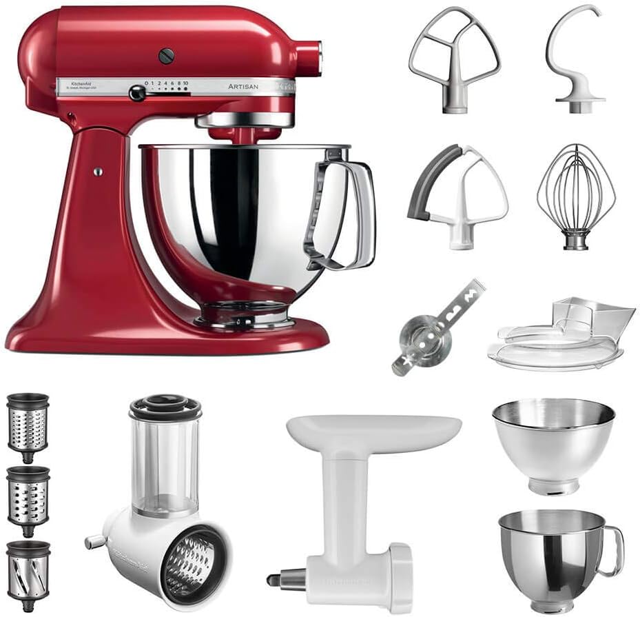 Picadora de carne, KitchenAid, Artisan, 300 W, 4,8 l, 1 kg, 1 l, 2,7 kg, aço inoxidável, aço, Vermelho / Prateado, para uso diário