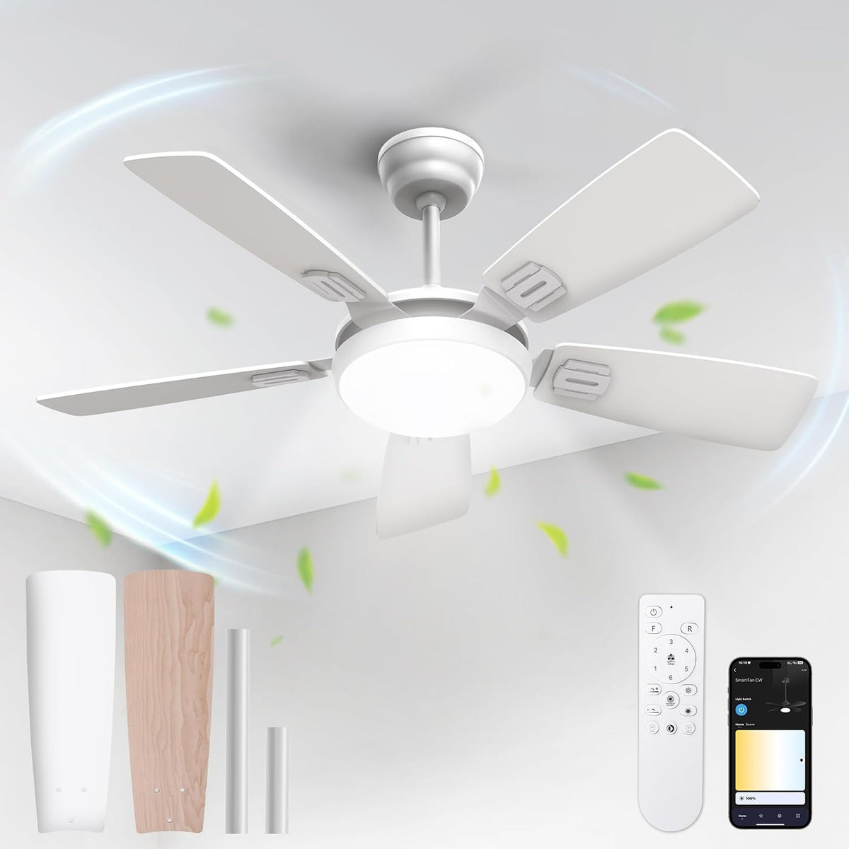 Ventoinha de teto, BLITZWILL, 106cm, 6 L, com comando à distância, com temporizador, com controlo por aplicação, Branco / Holz, para uso diário