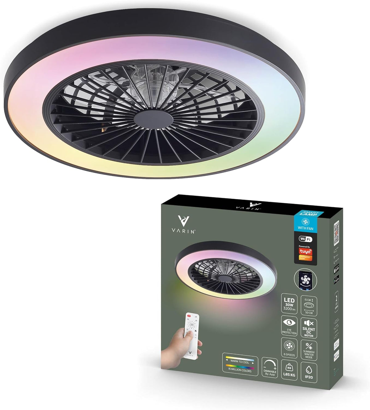 Ventoinha de teto com luz, Varin, Smart, 30W, 50 cm, 55 dB, 6 níveis, com comando à distância, com temporizador, com controlo por aplicação, Preto