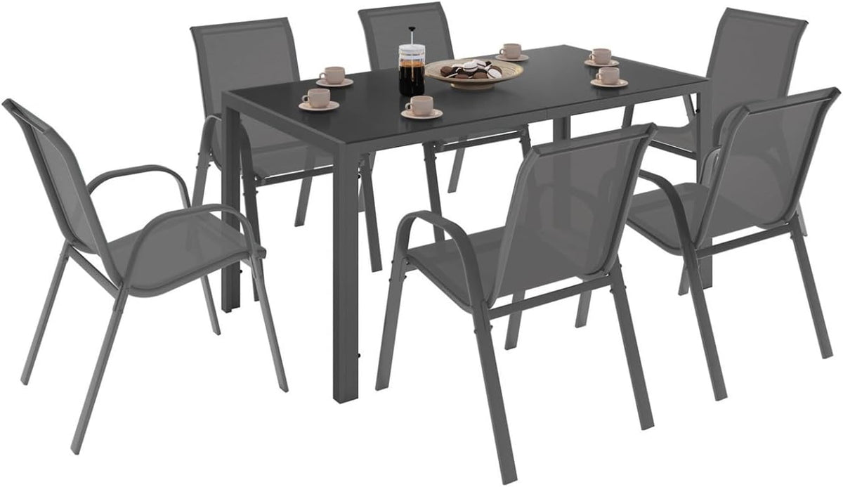 Mesa de jantar, IDMarket, 150 cm, 6 cadeiras, aço, vidro, Cinzento, para uso diário