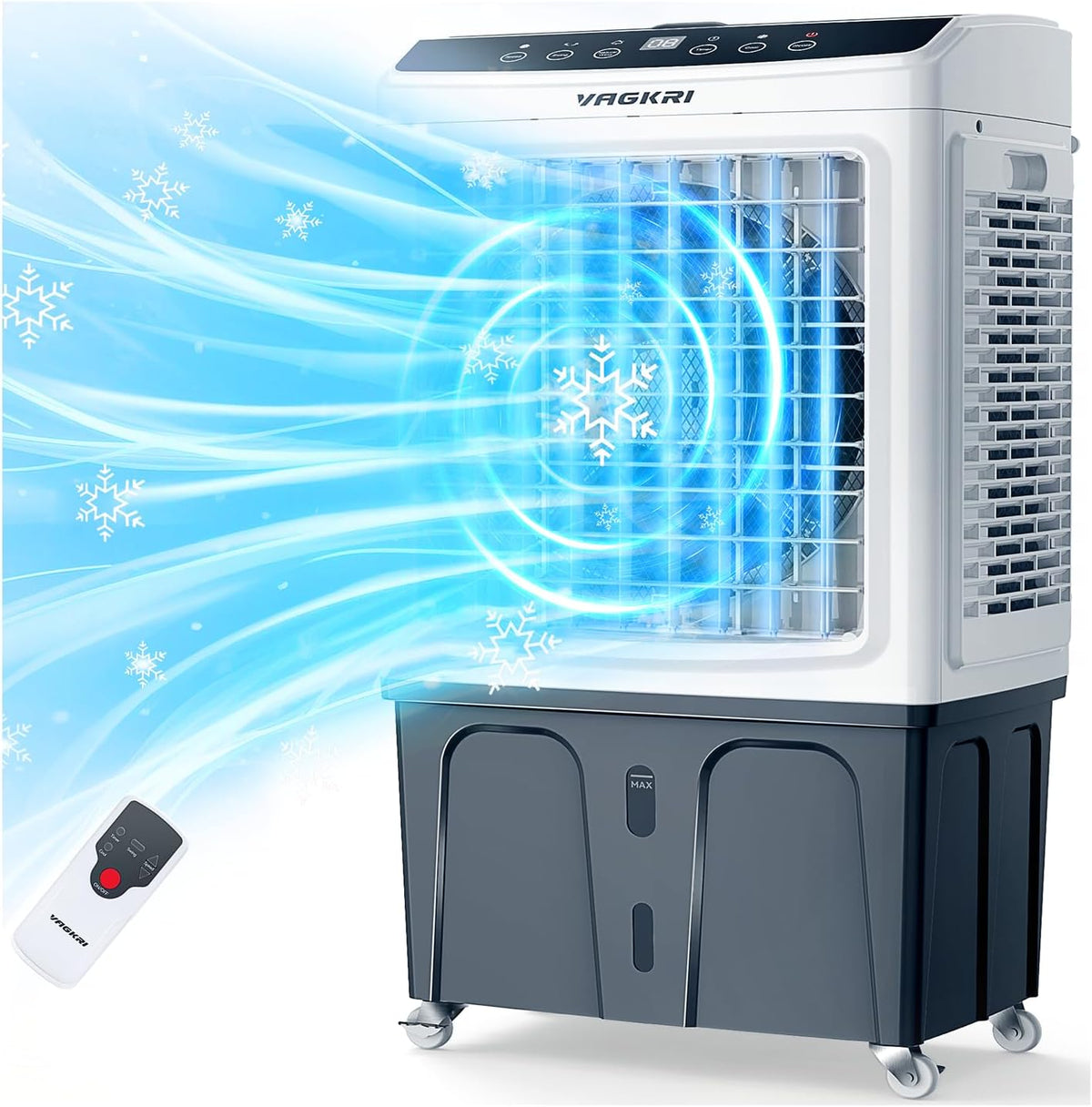 Climatizador evaporativo, VAGKRI, 2300CFM, 3 L, com comando à distância, com temporizador, com rodas, Branco / Cinzento, para uso diário
