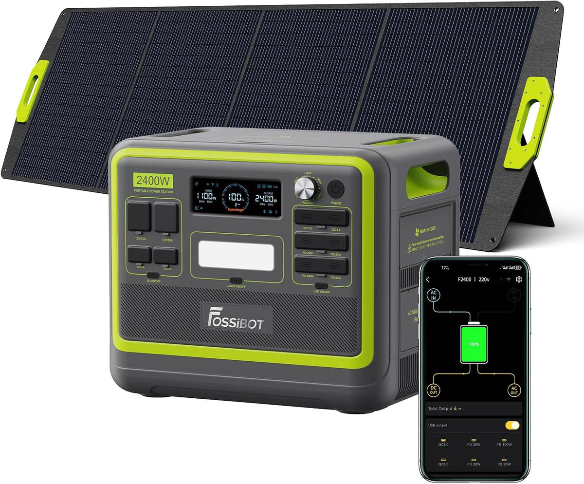 Gerador elétrico, FOSSiBOT, Powerstation, 2400W, 4800 W, 200W, 1100W, com iluminação LED, com controlo por aplicação, Preto / Amarelo